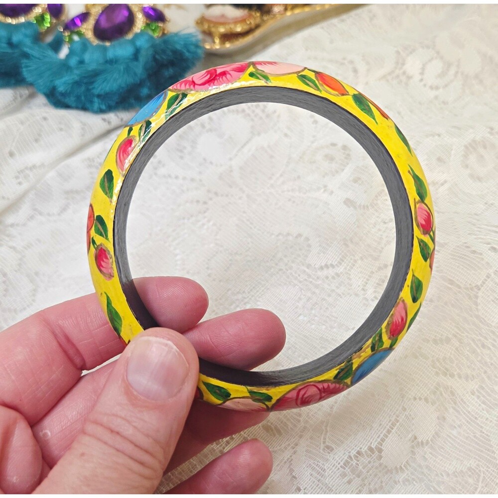Multicolor Floral Painted Wood Bangle Bracelet Round Unisex Adults No Stone